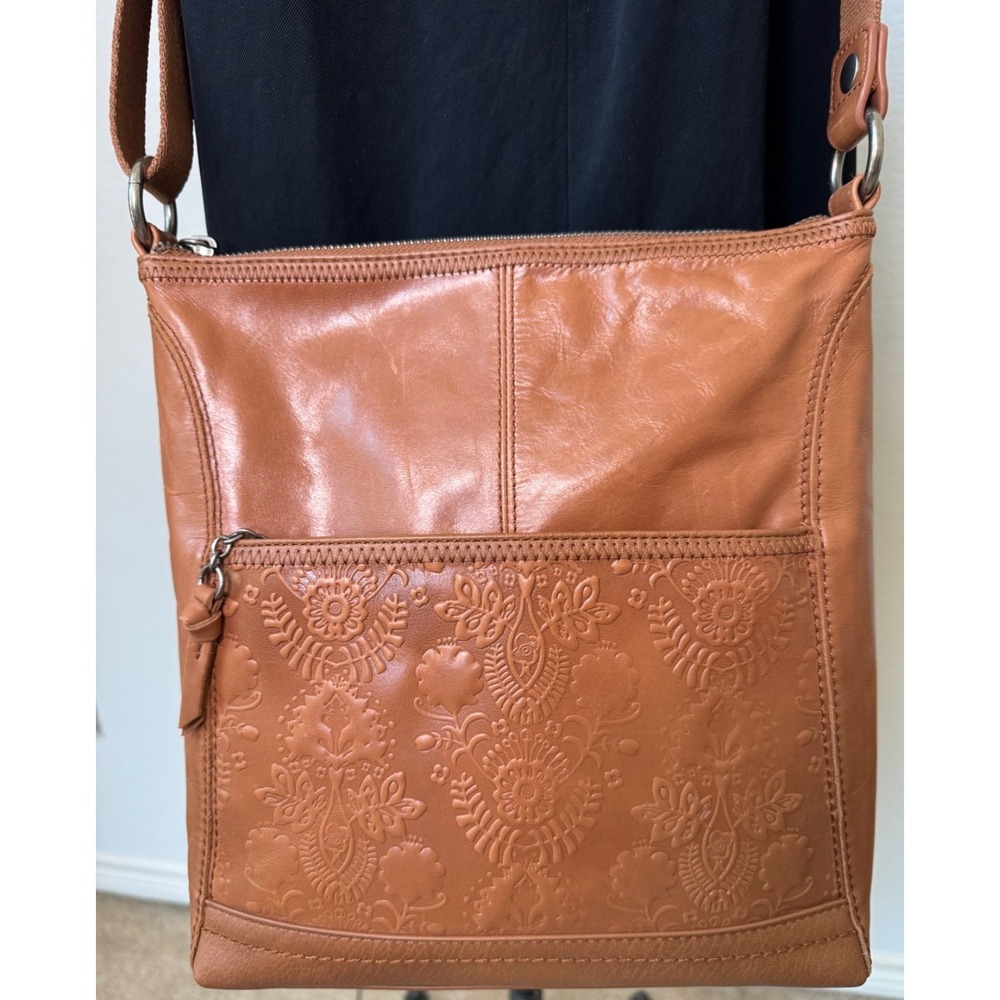 The SAK Lucia Leather Crossbody Bag Tobacco Brown Floral Embossed Details